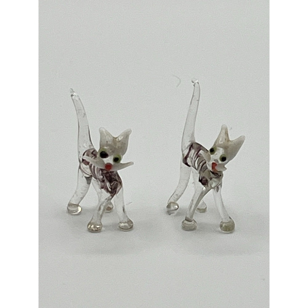 Vintage Cat Spun Glass Art Hand Blown Glass Figurine 2.25" Handmade - (2) Cats